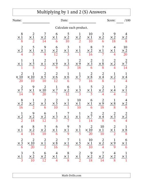 The Multiplying (1 to 10) by 1 and 2 (100 Questions) (S) Math Worksheet Page 2