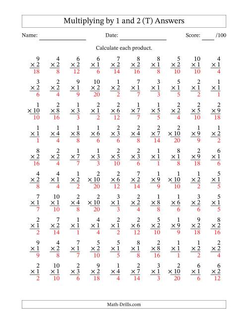 The Multiplying (1 to 10) by 1 and 2 (100 Questions) (T) Math Worksheet Page 2