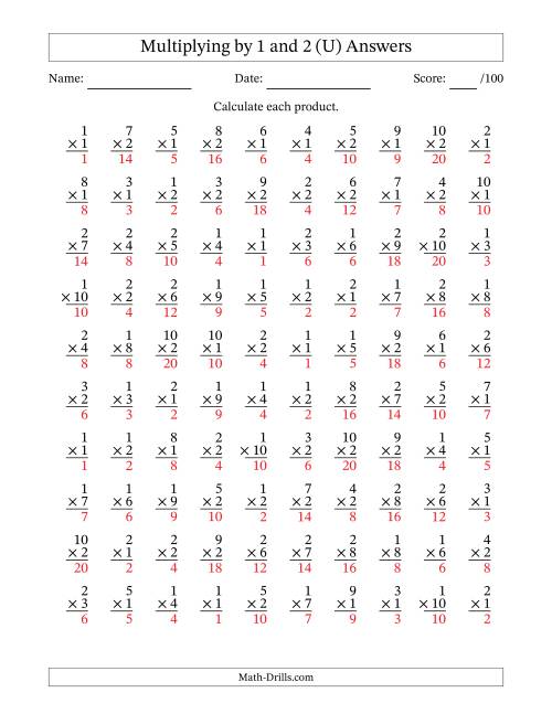 The Multiplying (1 to 10) by 1 and 2 (100 Questions) (U) Math Worksheet Page 2