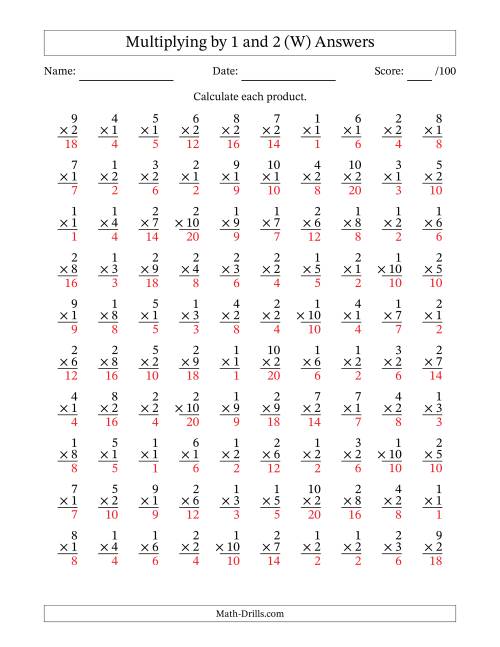 The Multiplying (1 to 10) by 1 and 2 (100 Questions) (W) Math Worksheet Page 2