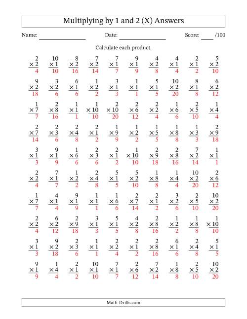 The Multiplying (1 to 10) by 1 and 2 (100 Questions) (X) Math Worksheet Page 2