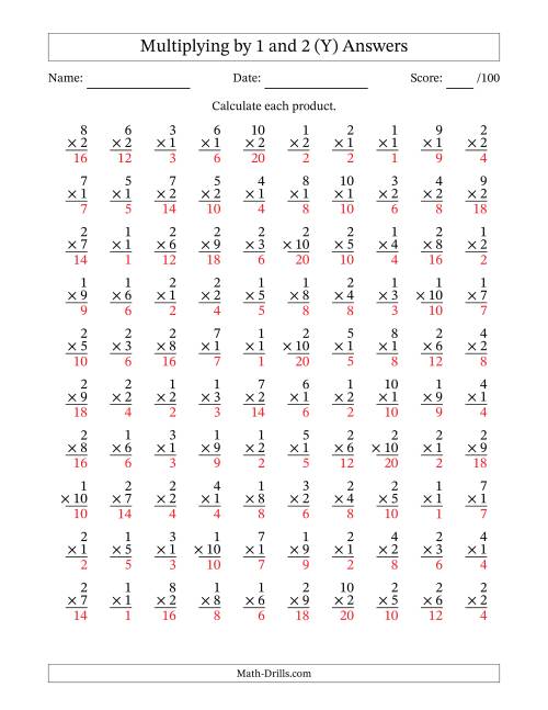 The Multiplying (1 to 10) by 1 and 2 (100 Questions) (Y) Math Worksheet Page 2