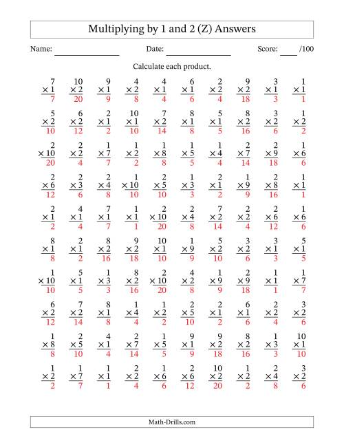 The Multiplying (1 to 10) by 1 and 2 (100 Questions) (Z) Math Worksheet Page 2