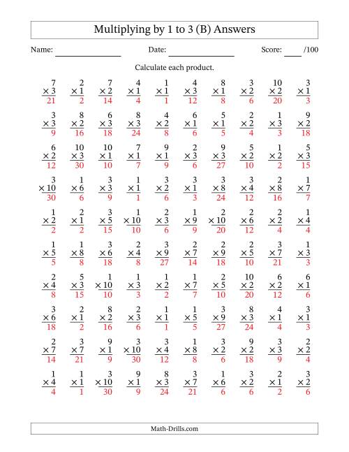 The Multiplying (1 to 10) by 1 to 3 (100 Questions) (B) Math Worksheet Page 2