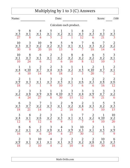 The Multiplying (1 to 10) by 1 to 3 (100 Questions) (C) Math Worksheet Page 2