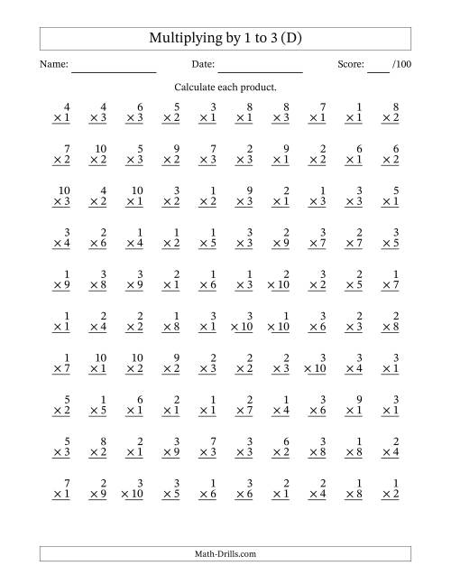 The Multiplying (1 to 10) by 1 to 3 (100 Questions) (D) Math Worksheet