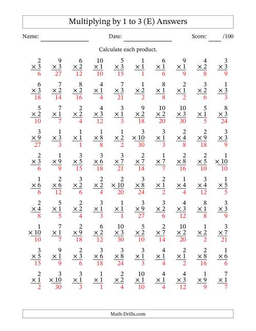 The Multiplying (1 to 10) by 1 to 3 (100 Questions) (E) Math Worksheet Page 2