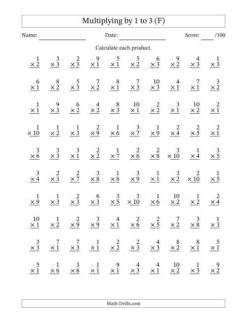 The Multiplying (1 to 10) by 1 to 3 (100 Questions) (F) Math Worksheet
