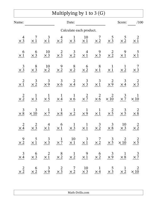The Multiplying (1 to 10) by 1 to 3 (100 Questions) (G) Math Worksheet