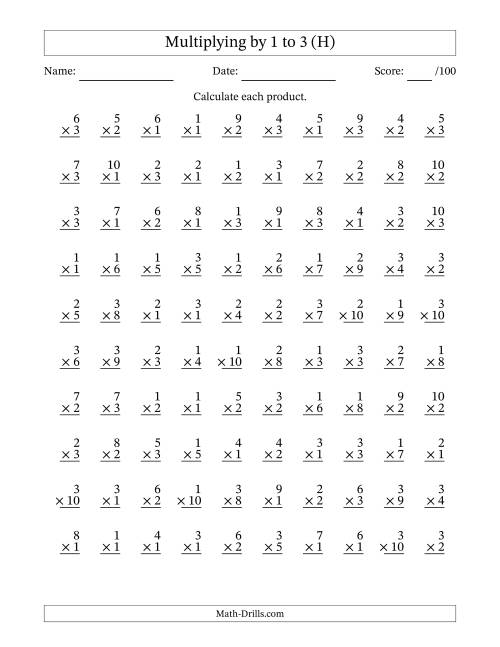 The Multiplying (1 to 10) by 1 to 3 (100 Questions) (H) Math Worksheet