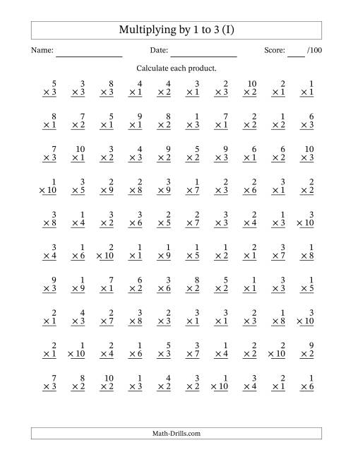 The Multiplying (1 to 10) by 1 to 3 (100 Questions) (I) Math Worksheet