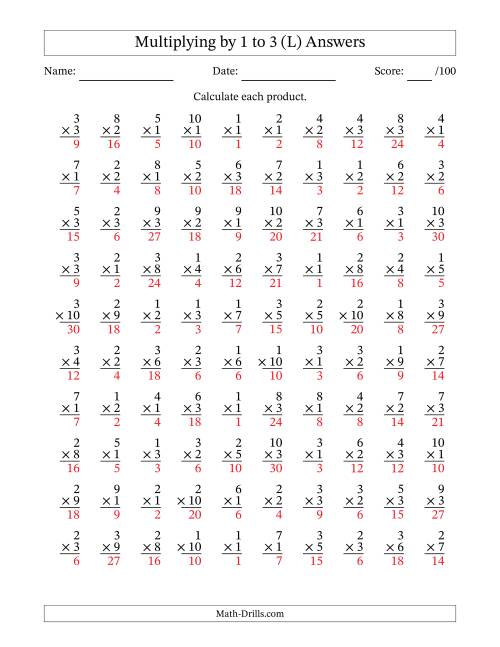 The Multiplying (1 to 10) by 1 to 3 (100 Questions) (L) Math Worksheet Page 2