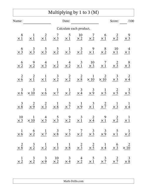 The Multiplying (1 to 10) by 1 to 3 (100 Questions) (M) Math Worksheet