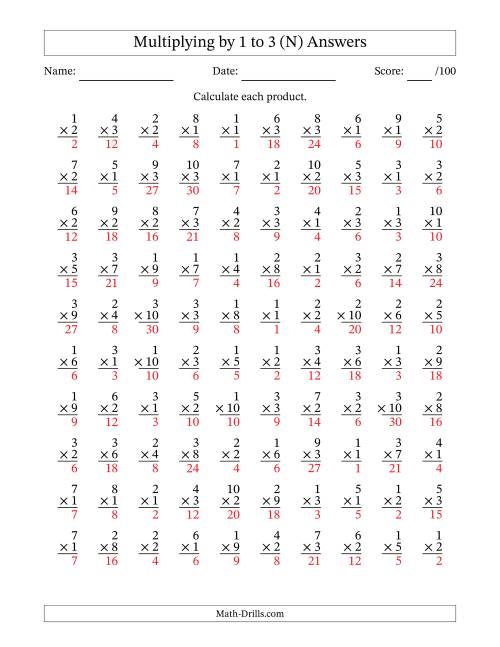 The Multiplying (1 to 10) by 1 to 3 (100 Questions) (N) Math Worksheet Page 2