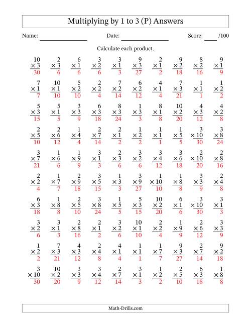 The Multiplying (1 to 10) by 1 to 3 (100 Questions) (P) Math Worksheet Page 2