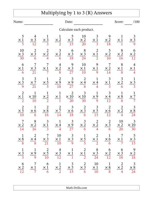 The Multiplying (1 to 10) by 1 to 3 (100 Questions) (R) Math Worksheet Page 2