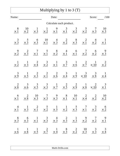 The Multiplying (1 to 10) by 1 to 3 (100 Questions) (T) Math Worksheet