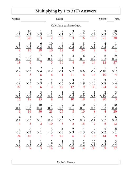 The Multiplying (1 to 10) by 1 to 3 (100 Questions) (T) Math Worksheet Page 2