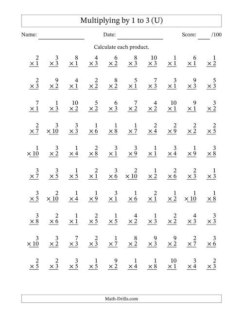 The Multiplying (1 to 10) by 1 to 3 (100 Questions) (U) Math Worksheet