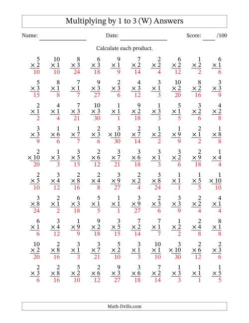 The Multiplying (1 to 10) by 1 to 3 (100 Questions) (W) Math Worksheet Page 2
