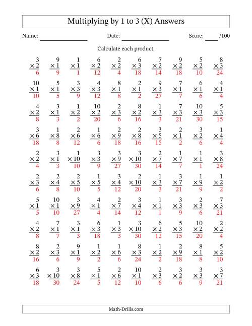 The Multiplying (1 to 10) by 1 to 3 (100 Questions) (X) Math Worksheet Page 2