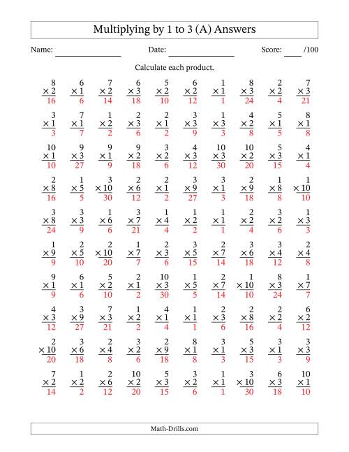 The Multiplying (1 to 10) by 1 to 3 (100 Questions) (All) Math Worksheet Page 2