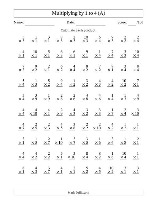 The Multiplying (1 to 10) by 1 to 4 (100 Questions) (A) Math Worksheet