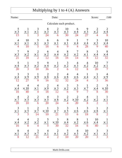The Multiplying (1 to 10) by 1 to 4 (100 Questions) (A) Math Worksheet Page 2