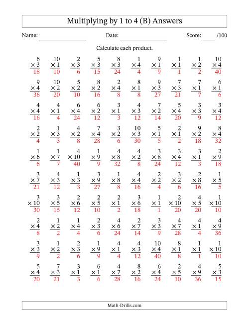 The Multiplying (1 to 10) by 1 to 4 (100 Questions) (B) Math Worksheet Page 2