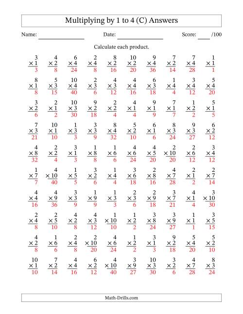 The Multiplying (1 to 10) by 1 to 4 (100 Questions) (C) Math Worksheet Page 2