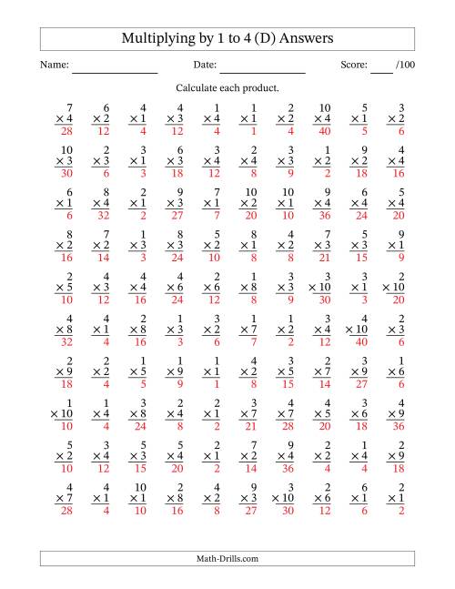 The Multiplying (1 to 10) by 1 to 4 (100 Questions) (D) Math Worksheet Page 2