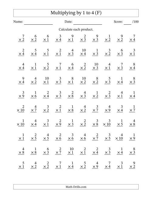 The Multiplying (1 to 10) by 1 to 4 (100 Questions) (F) Math Worksheet