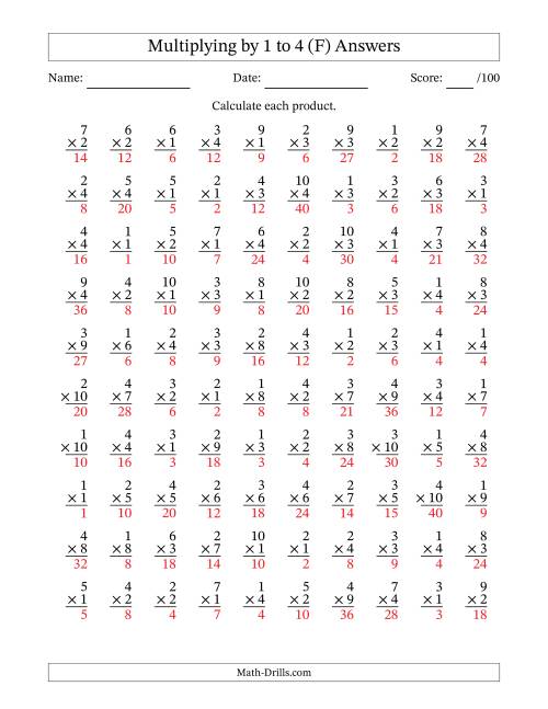 The Multiplying (1 to 10) by 1 to 4 (100 Questions) (F) Math Worksheet Page 2