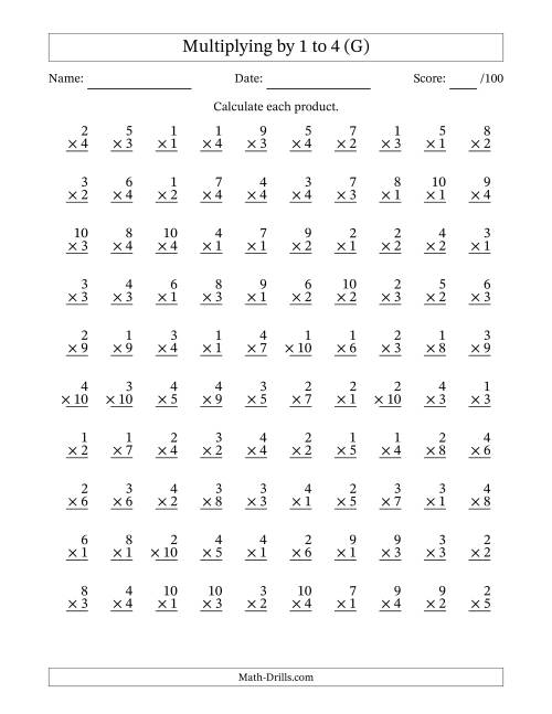 The Multiplying (1 to 10) by 1 to 4 (100 Questions) (G) Math Worksheet