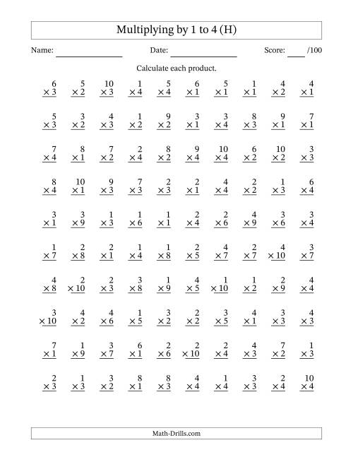 The Multiplying (1 to 10) by 1 to 4 (100 Questions) (H) Math Worksheet