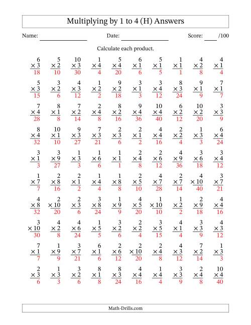 The Multiplying (1 to 10) by 1 to 4 (100 Questions) (H) Math Worksheet Page 2
