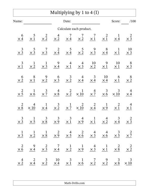 The Multiplying (1 to 10) by 1 to 4 (100 Questions) (I) Math Worksheet