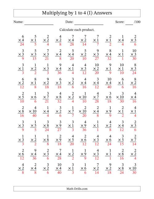 The Multiplying (1 to 10) by 1 to 4 (100 Questions) (I) Math Worksheet Page 2