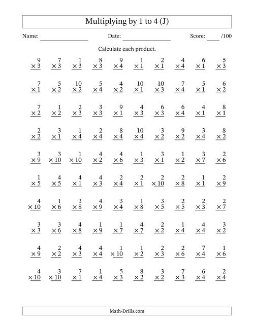 The Multiplying (1 to 10) by 1 to 4 (100 Questions) (J) Math Worksheet