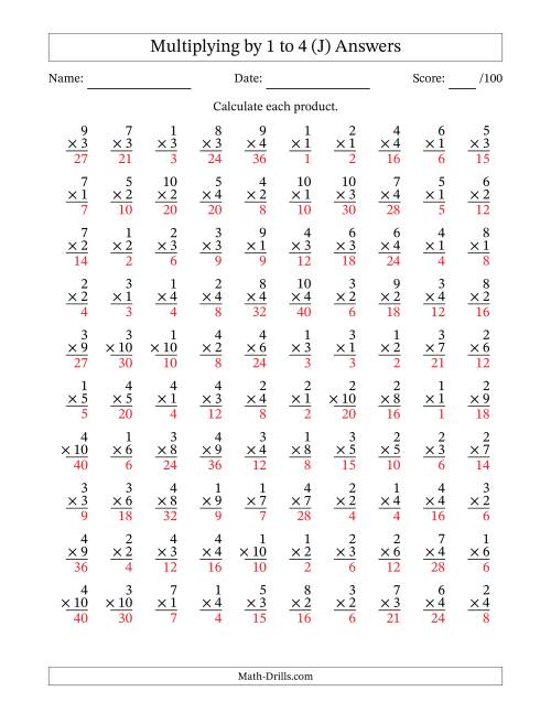 The Multiplying (1 to 10) by 1 to 4 (100 Questions) (J) Math Worksheet Page 2
