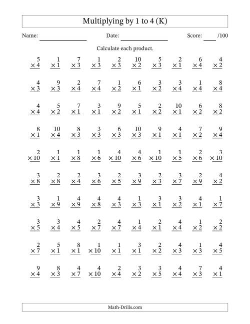 The Multiplying (1 to 10) by 1 to 4 (100 Questions) (K) Math Worksheet