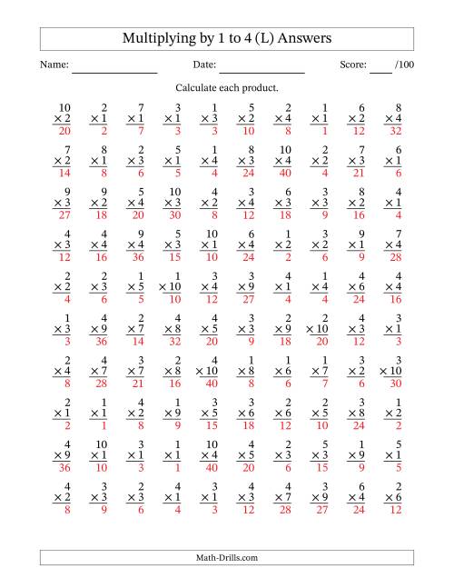 The Multiplying (1 to 10) by 1 to 4 (100 Questions) (L) Math Worksheet Page 2