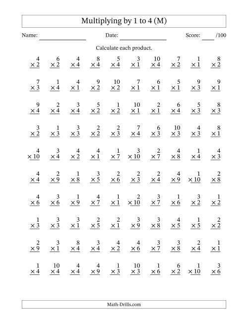 The Multiplying (1 to 10) by 1 to 4 (100 Questions) (M) Math Worksheet