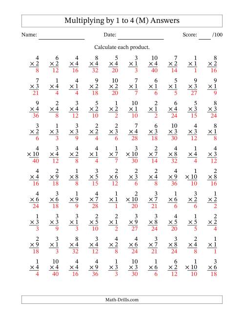 The Multiplying (1 to 10) by 1 to 4 (100 Questions) (M) Math Worksheet Page 2