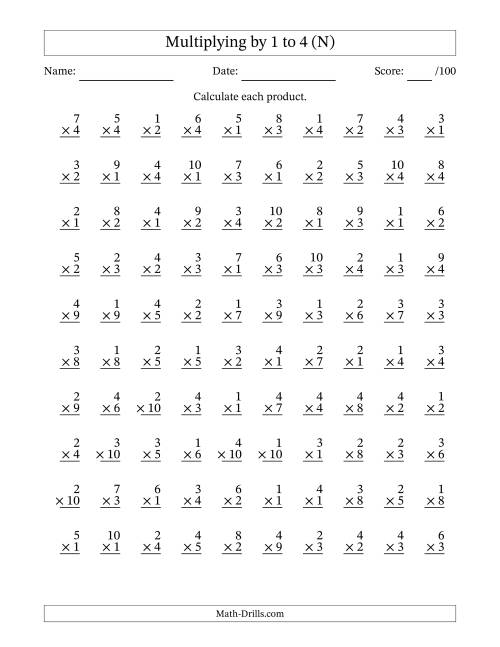The Multiplying (1 to 10) by 1 to 4 (100 Questions) (N) Math Worksheet