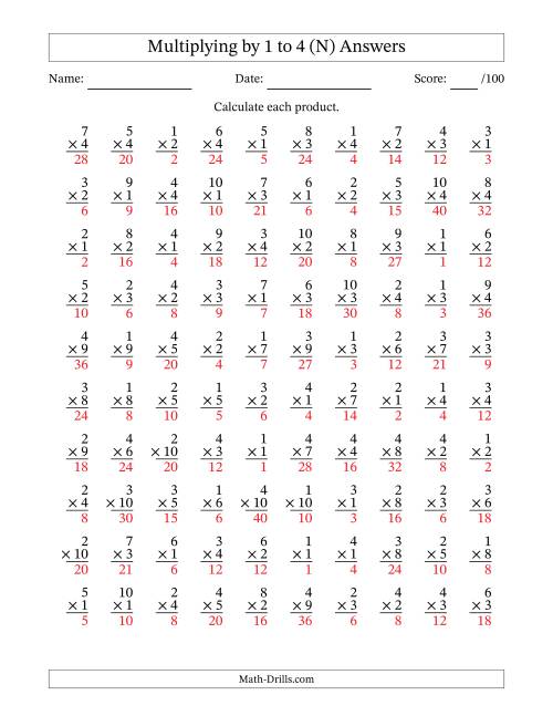The Multiplying (1 to 10) by 1 to 4 (100 Questions) (N) Math Worksheet Page 2