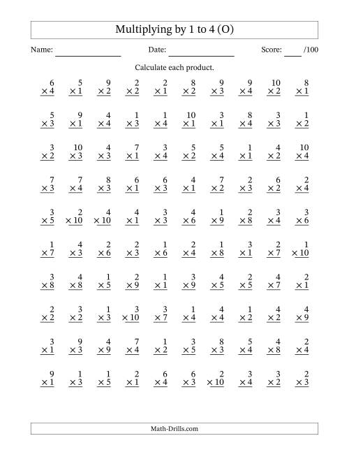 The Multiplying (1 to 10) by 1 to 4 (100 Questions) (O) Math Worksheet