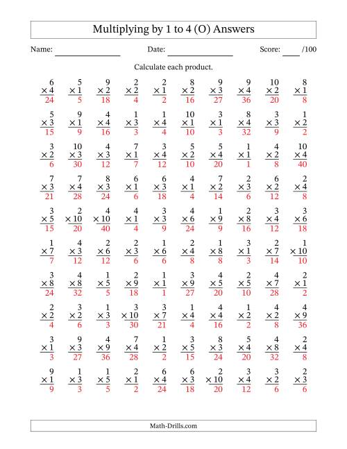The Multiplying (1 to 10) by 1 to 4 (100 Questions) (O) Math Worksheet Page 2