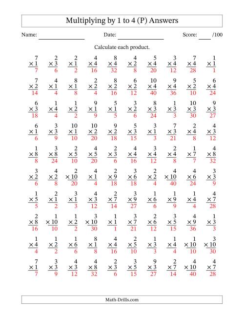 The Multiplying (1 to 10) by 1 to 4 (100 Questions) (P) Math Worksheet Page 2