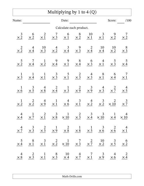 The Multiplying (1 to 10) by 1 to 4 (100 Questions) (Q) Math Worksheet